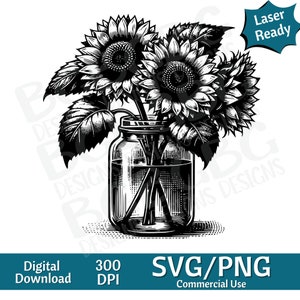 Tournesols en pot, fleurs de printemps PNG SVG, graphique vectoriel, graveur laser, cnc, clipart, prêt pour le laser, planches à découper, cadeaux personnalisés