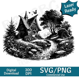 Puede incluir: Ilustración en blanco y negro de una pequeña cabaña con un exterior de piedra y un techo de paja. La cabaña está rodeada de árboles, flores y un arroyo. La imagen es de estilo vintage.