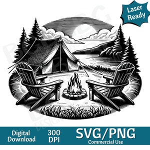 Tent at Camp Ground, campfire SVG PNG, vector graphic, laser engraver, cnc, Clip art, laser ready, cutting boards,  Personalized Gift