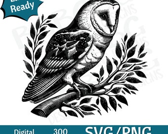 Barn Owl on Branch SVG PNG, vector graphic, laser engraver, cnc, Clip art, laser ready, cutting boards,  Personalized Gifts