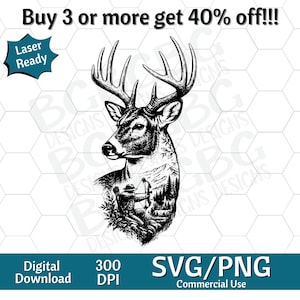 May include: A black and white digital graphic design featuring a deer head with large antlers. The lower portion of the deer neck contains a detailed scene of a person with a bow and arrow in a forest with mountains. Text includes Laser Ready, 300 DPI, SVG/PNG.