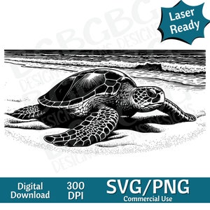 Meeresschildkröte am Strand SVG PNG, Ocean Vektorgrafik, Lasergravur, Cnc, Clip Art, Laser bereit, Schneidebretter, personalisierte Geschenke
