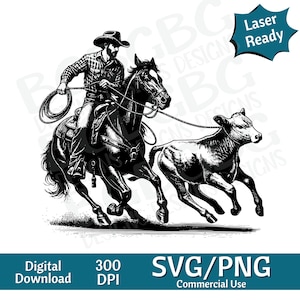 Kalb Roping SVG PNG, Rodeo, Reiten PNG, Vektorgrafik, Schnittdruck, CNC, digitale Dateien, Clip Art, Kontur, laserfertiges Design