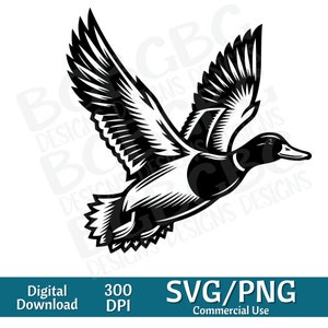 Mallard Duck Flying SVG PNG, diseño gráfico vectorial cortado impresión cnc archivos digitales Clip Art silueta