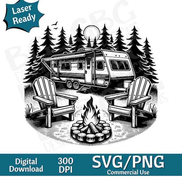 RV en camping, camper, kampvuur SVG PNG, vectorafbeelding, lasergraveur, cnc, illustraties, laser klaar, snijplanken, gepersonaliseerd cadeau