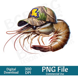 May include: A brown and white shrimp wearing a camouflage baseball cap with a yellow outline of the state of Louisiana. The cap has a blue brim.