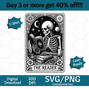 Reader Tarot Card PNG, Book Lover Skull Design (Digital Download)
