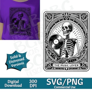 Die Musikliebhaber Tarot-Karte SVG PNG, Schallplatten, Vinyl svg, Sublimationsdesign, Skelett, sarkastische, Tarot-Karten-Svg, Lasergravur