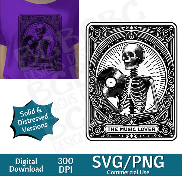 The Music Lover Tarot Card SVG PNG , Records, vinyl svg, Sublimation Design, Skeleton, Sarcastic, Tarot Card Svg, Laser engraving