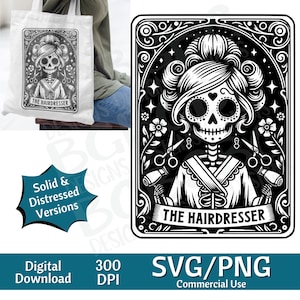 De kapper Tarot Card SVG PNG, Stylist, Schoonheidsspecialiste, Sublimatie Design, Skelet, sarcastisch, Tarot Card Svg, Lasergravure