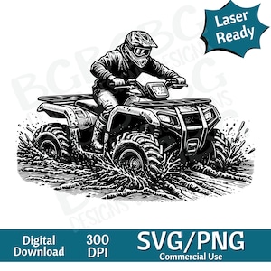 ATV vast in modder SVG PNG, Quad, 4 wieler, vectorafbeelding, lasergraveur, cnc, illustraties, laser klaar, snijplanken, gepersonaliseerde geschenken