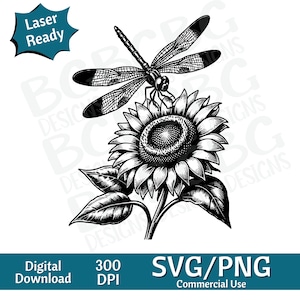 Libélula e girassol SVG PNG, gráfico vetorial, gravador a laser, cnc, clip art, pronto para laser, tábuas de corte, presentes personalizados