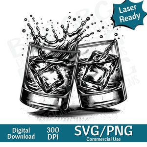 Whiskyglazen SVG PNG, Cheers SVG, vectorafbeelding, lasergraveur, CNC, illustraties, laser klaar, snijplanken, gepersonaliseerde geschenken