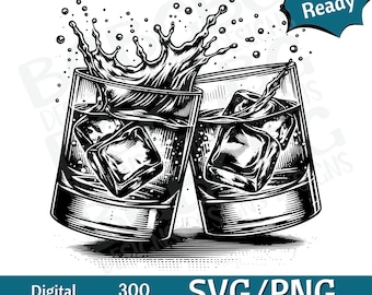 May include: Black and white illustration of two glasses of whiskey with ice cubes and a splash of liquid. The glasses are raised in a toast. The image is 300 DPI and is available for commercial use.
