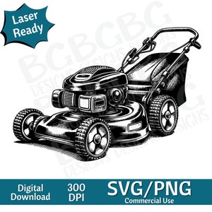 Push Mower SVG PNG, gráfico vectorial, grabador láser, cnc, Clip art, listo para láser, tablas de cortar, Regalo personalizado