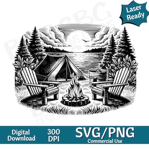 Tente au terrain de camping, feu de camp SVG PNG, illustration vectorielle, graveur laser, cnc, clipart, prêt pour le laser, planches à découper, cadeau personnalisé
