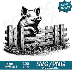 Cochon à la clôture SVG PNG, vie à la ferme, comté, graphique vectoriel, graveur laser, cnc, clipart, prêt pour le laser, planches à découper, cadeaux personnalisés