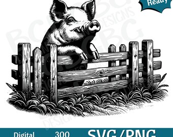 Pig at Fence SVG PNG, Farm life, county, vector graphic, laser engraver, cnc, Clip art, laser ready, cutting boards,  Personalized Gifts