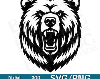 May include: Black and white illustration of a bear's head with a fierce expression. The bear's mouth is open, showing sharp teeth. The bear's fur is detailed with a textured pattern.