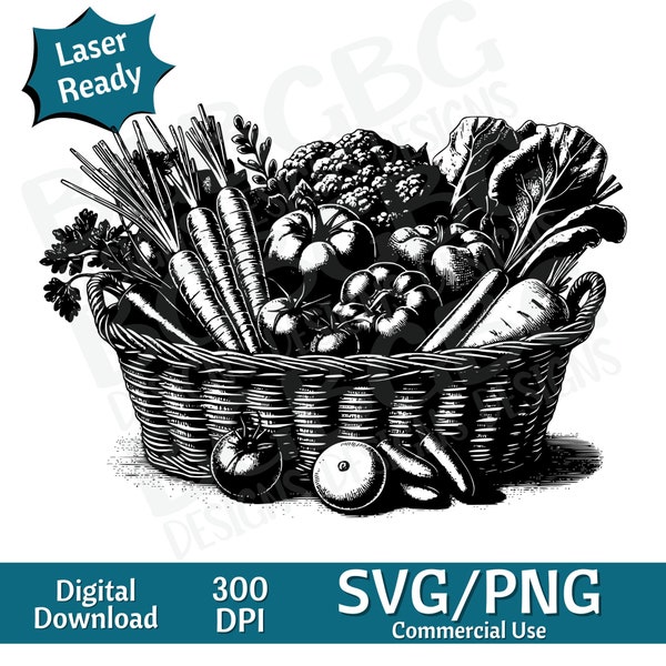 Basket of Vegetables spring time SVG PNG, vector graphic, laser engraver, cnc, Clip art, laser ready, cutting boards,  Personalized Gifts