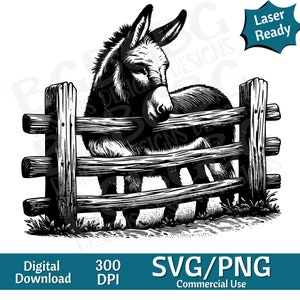 Donkey at Fence SVG PNG, Farm life, county, vector graphic, laser engraver, cnc, Clip art, laser ready, cutting boards,  Personalized Gifts