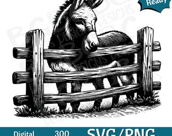 Donkey at Fence SVG PNG, Farm life, county, vector graphic, laser engraver, cnc, Clip art, laser ready, cutting boards,  Personalized Gifts
