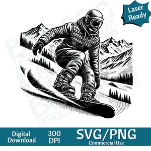 Snowboard Down a Mountain SVG PNG, image vectorielle, graveur laser, cnc, clipart, prêt pour le laser, planches à découper, cadeaux personnalisés