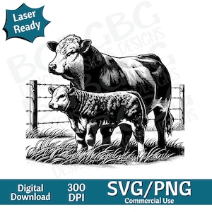 Simmental vache et veau paire SVG, clipart animaux, ferme, image vectorielle, graveur laser, 4 h, téléchargement numérique, vache svg, png de la ferme