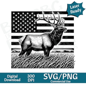 May include: Black and white illustration of an elk standing in a field of grass with an American flag behind it. The elk is facing to the right and has large antlers. The flag is in the background and has red and white stripes with white stars on a blue field.