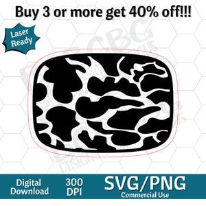 Peut inclure: Un motif de vache noir et blanc de forme rectangulaire. L'image comprend le texte "Laser Ready", "Téléchargement numérique", "300 DPI" et "SVG/PNG Commercial Use".