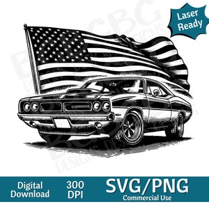 Muscle Car met vlag SVG PNG, klassieke auto, vectorafbeelding, lasergraveur, cnc, illustraties, laser klaar, snijplanken, gepersonaliseerde geschenken