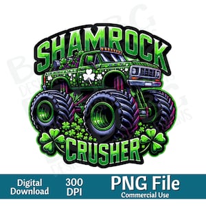 May include: Green monster truck with "Shamrock Crusher" written on the side. The truck is covered in shamrocks and has large tires.