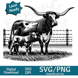 Paire de vache et veau Longhorn SVG, clipart animaux, ferme, image vectorielle, graveur laser, 4 h, téléchargement numérique, vache svg, png de la ferme