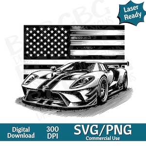 Carro esportivo com bandeira SVG PNG, Super Car, gráfico vetorial, gravador a laser, cnc, Clip art, pronto para laser, tábuas de corte, presentes personalizados