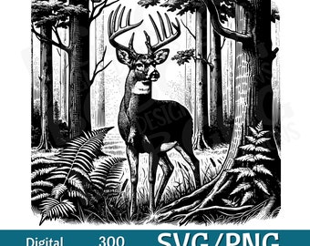 Könnte beinhalten: Schwarzweiß-Illustration eines Hirsches mit großen Geweih, der in einem Wald steht. Der Hirsch ist von Bäumen und Farnen umgeben.
