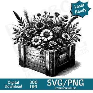 Houten krat met lentebloemen SVG PNG, vectorafbeelding, lasergraveur, cnc, illustraties, laser klaar, snijplanken, gepersonaliseerde geschenken