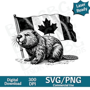 Bever met Canadese vlag SVG PNG, vectorafbeelding, lasergraveur, cnc, illustraties, laser klaar, snijplanken, gepersonaliseerde geschenken