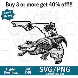 May include: A black and white digital design of an alligator over a Florida state outline with palm trees. The design is labelled "Laser Ready" and available as an SVG/PNG digital download.
