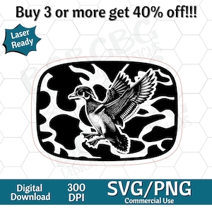 May include: A monochrome illustration of a duck in flight, set within a cow-print design. The image is marked as "Laser Ready" and a "Digital Download." Text includes "Buy 3 or more get 40% off!!!" and "SVG/PNG Commercial Use."