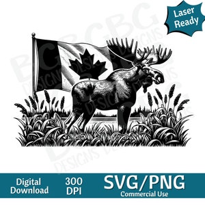 Alce con bandera canadiense SVG PNG, gráfico vectorial, grabador láser, cnc, Clip art, listo para láser, tablas de cortar, regalos personalizados