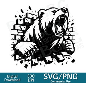 Beer breken door muur SVG, Grizzly SVG, Bear mascotte SVG, PNG, vectorafbeelding, lasergraveur, CNC, clip art, glimlachen
