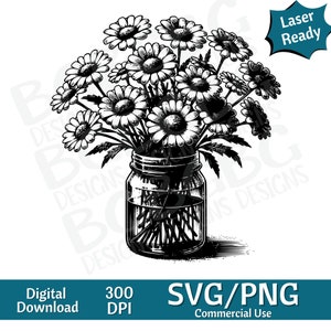 Madeliefjes in pot, lentebloemen SVG PNG, vectorafbeelding, lasergraveur, cnc, illustraties, laser klaar, snijplanken, gepersonaliseerde geschenken