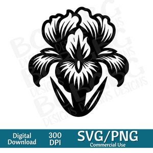 Peut inclure: Silhouette noire et blanche d'une fleur d'iris avec une seule tige. La fleur est stylisée avec des détails complexes et un design graphique audacieux.