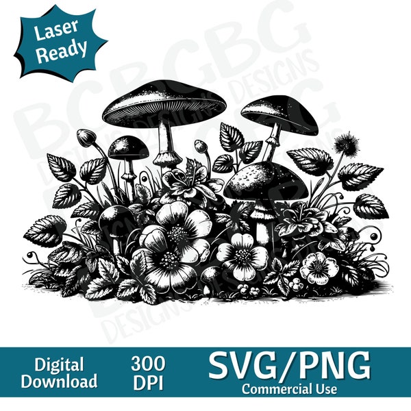 Mushrooms and Flowers, spring time SVG PNG, vector graphic, laser engraver, cnc, Clip art, laser ready, cutting boards,  Personalized Gifts