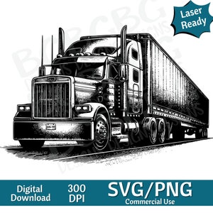 Puede incluir: Ilustración en blanco y negro de un camión de plataforma con un remolque. El camión está dibujado en un estilo realista con detalles precisos, incluyendo la cabina, las ruedas y el remolque. La imagen es adecuada para su uso en proyectos comerciales.