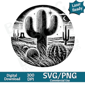Cactus en la pradera SVG PNG, Viejo Oeste, Desierto, Gráfico vectorial, Impresión cortada, cnc, Archivos digitales, Imágenes prediseñadas, Silueta, Diseño listo para láser