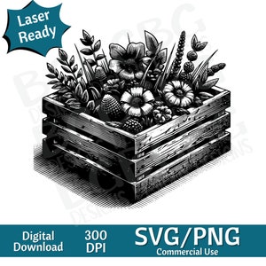 Houten krat met bloemen SVG PNG, vectorafbeelding, lasergraveur, cnc, illustraties, laser klaar, snijplanken, gepersonaliseerde geschenken