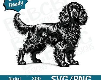May include: Black and white digital illustration of a Cocker Spaniel dog standing with its head turned to the side. The dog is facing the right side of the image. The image is suitable for use as a digital download for crafting projects.