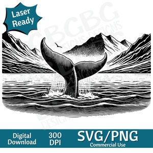 Whale Tail SVG PNG, bultrug, Oceaan svg vectorafbeelding, lasergraveur, cnc, Clip art, laser klaar, snijplanken, gepersonaliseerd cadeau