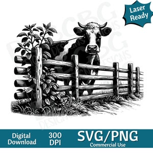 Koe bij hek SVG PNG, boerenleven, provincie, vectorafbeelding, lasergraveur, cnc, illustraties, laser klaar, snijplanken, gepersonaliseerde geschenken